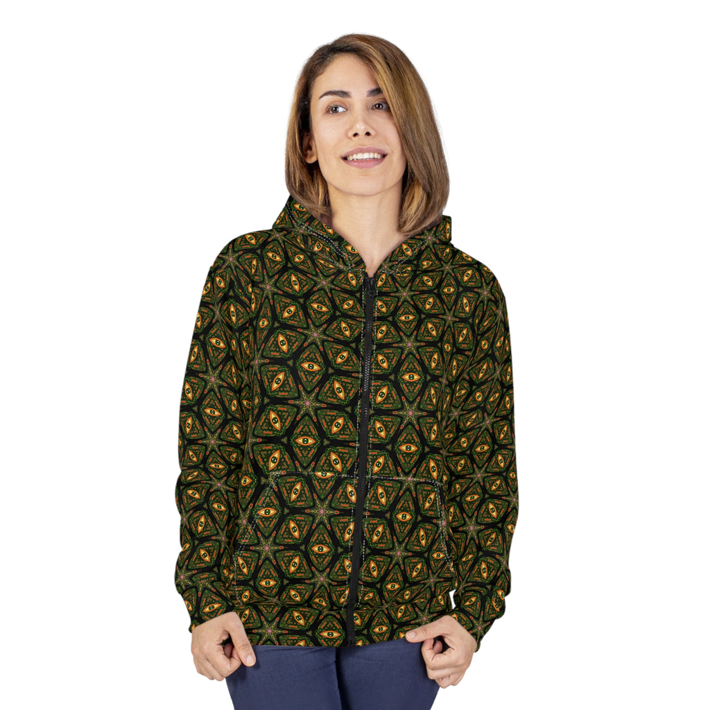 Kaleidoscope Geo Zip Hoodie — Olive Gold All-Over Print #u975567