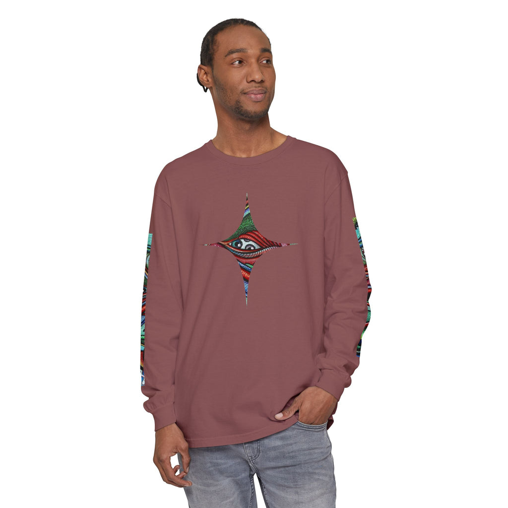Psychedelic Starburst Long Sleeve Tee — Colorful Eye & Sleeve Stripe Design #k976344
