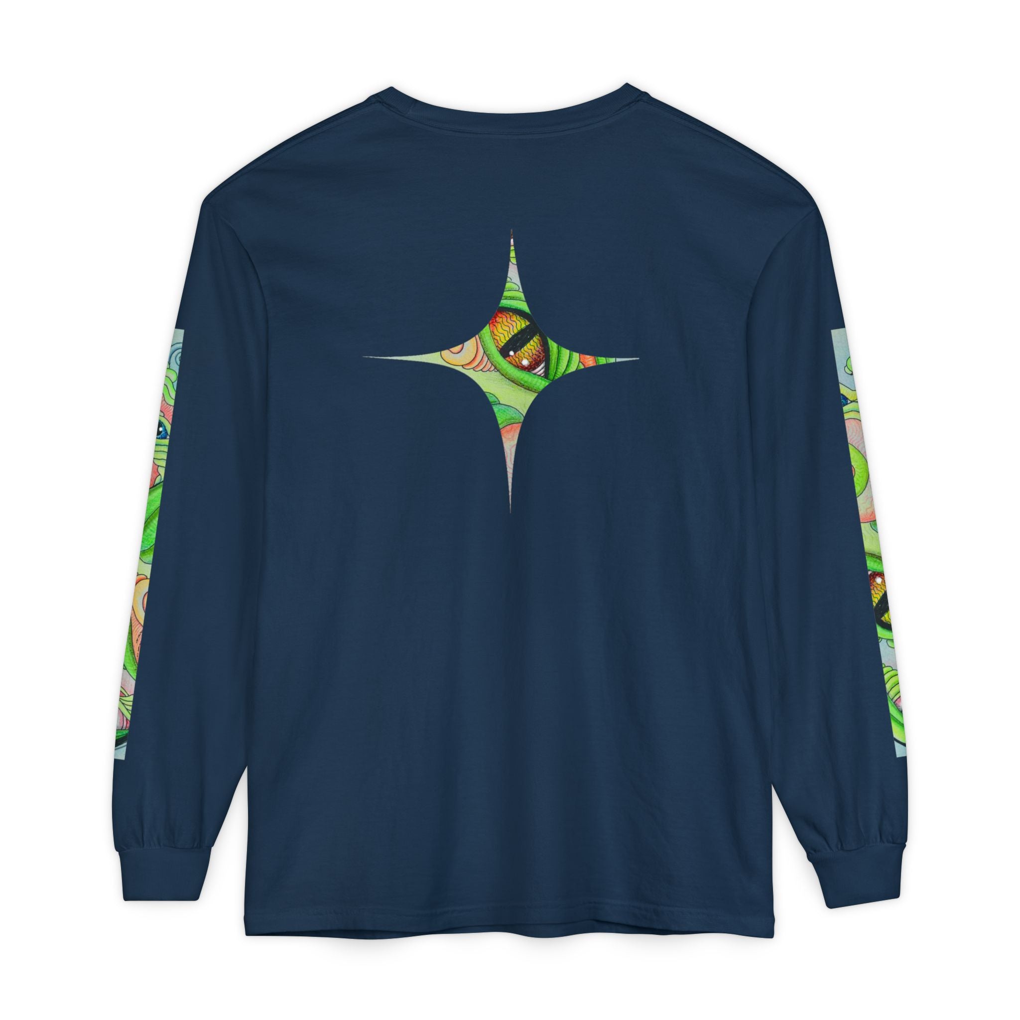 Psychedelic Green Triangle Long Sleeve Tee — Tribal Star Sleeve Artwork #gf086357
