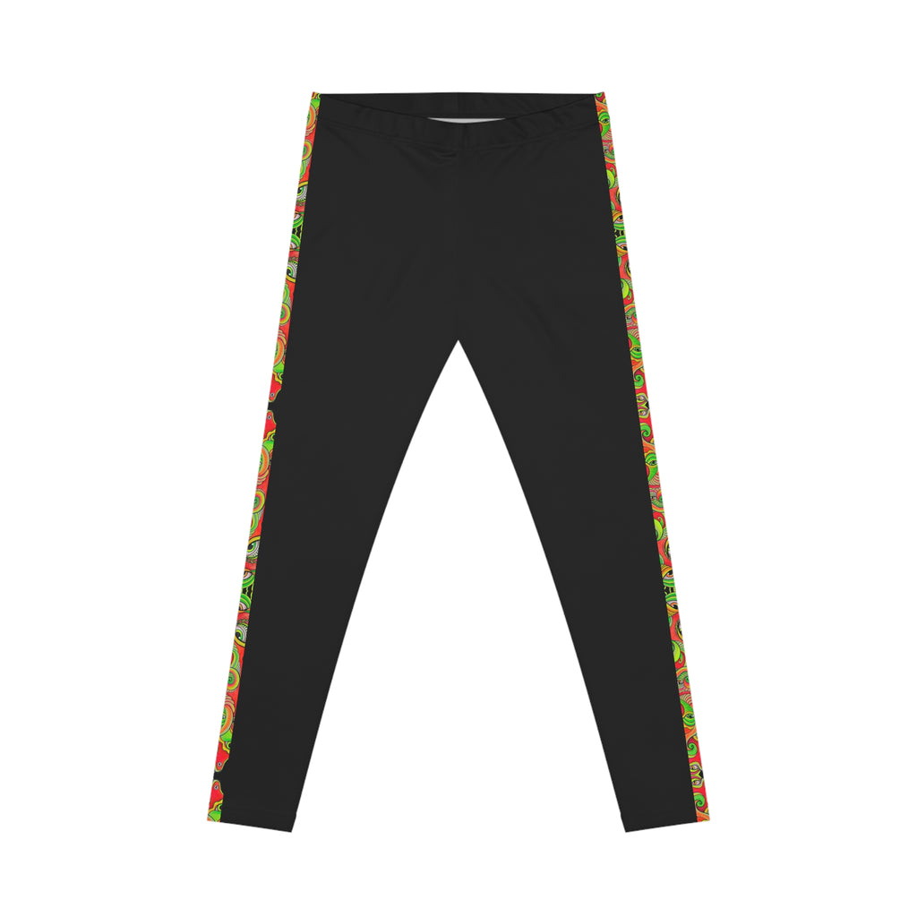 Black Leggings with Festive Red & Green Side Stripe — Women's Casual Holiday Activewear. #g7654456