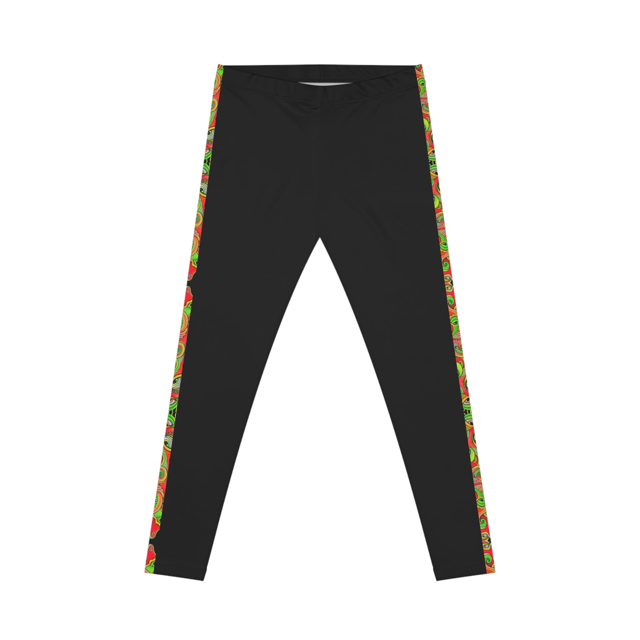 Black Leggings with Festive Red & Green Side Stripe — Women's Casual Holiday Activewear. #g7654456