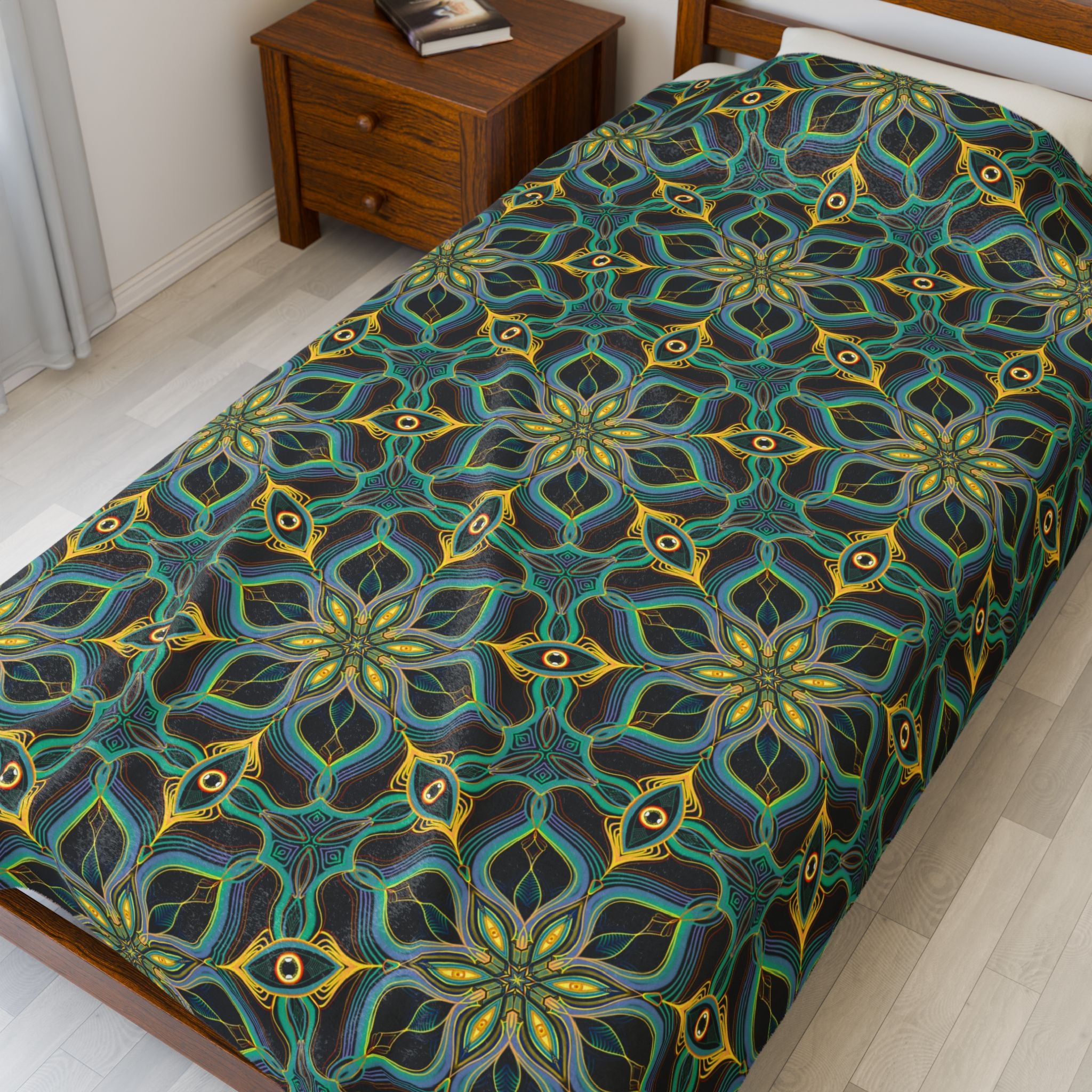 Velveteen Plush Blanket - Teal & Gold Geometric Mandala Throw #h73