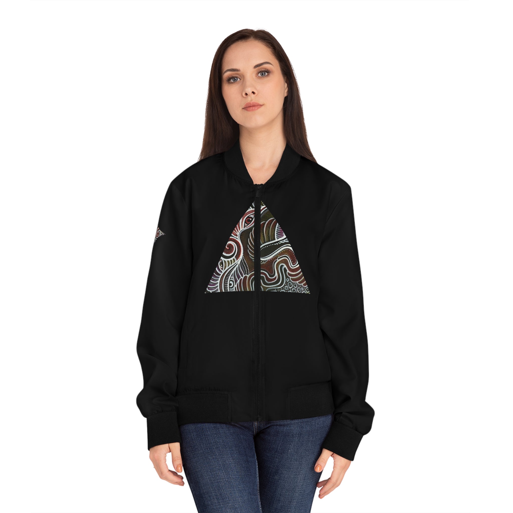 Women’s Black Bomber Jacket with Geometric Tribal Triangle Print #wbb215
