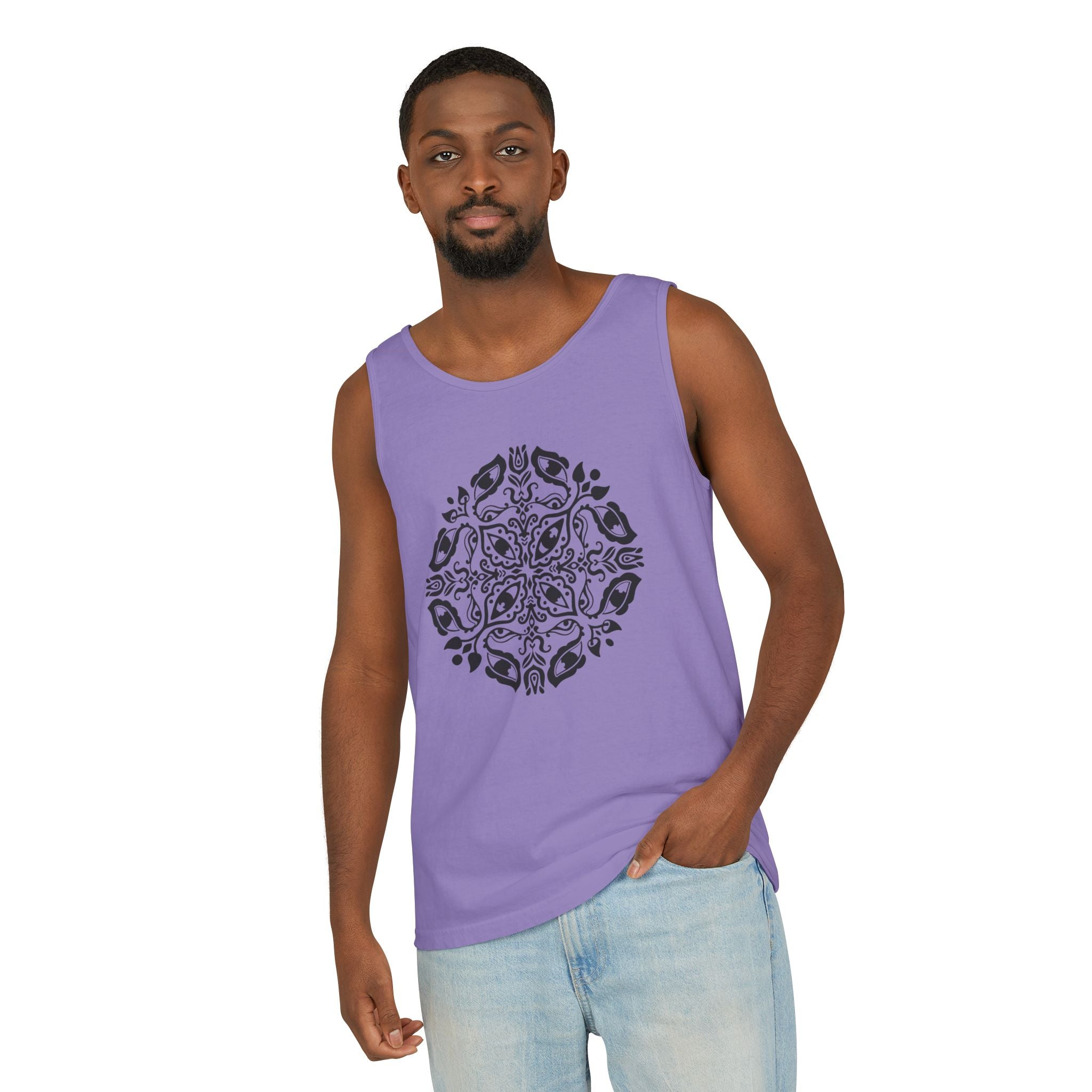Boho Mandala Tank Top — Black Floral Circular Graphic Tank #fr3