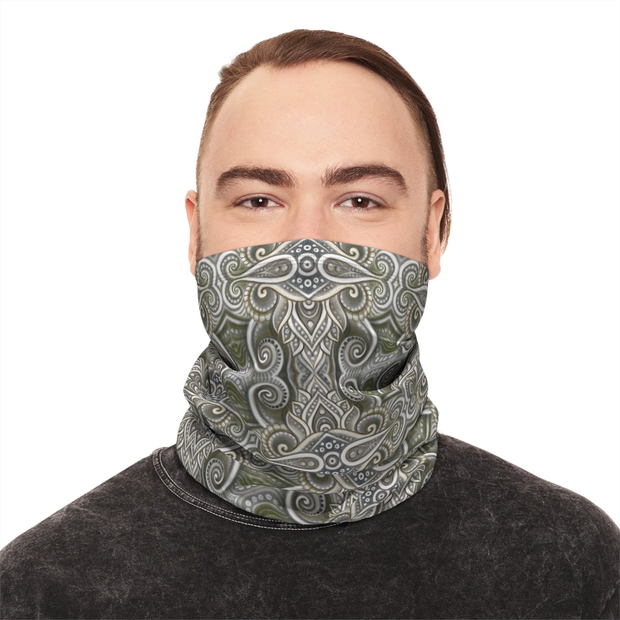Winter Neck Gaiter — Olive Paisley Drawstring Face Mask & Scarf #s46742