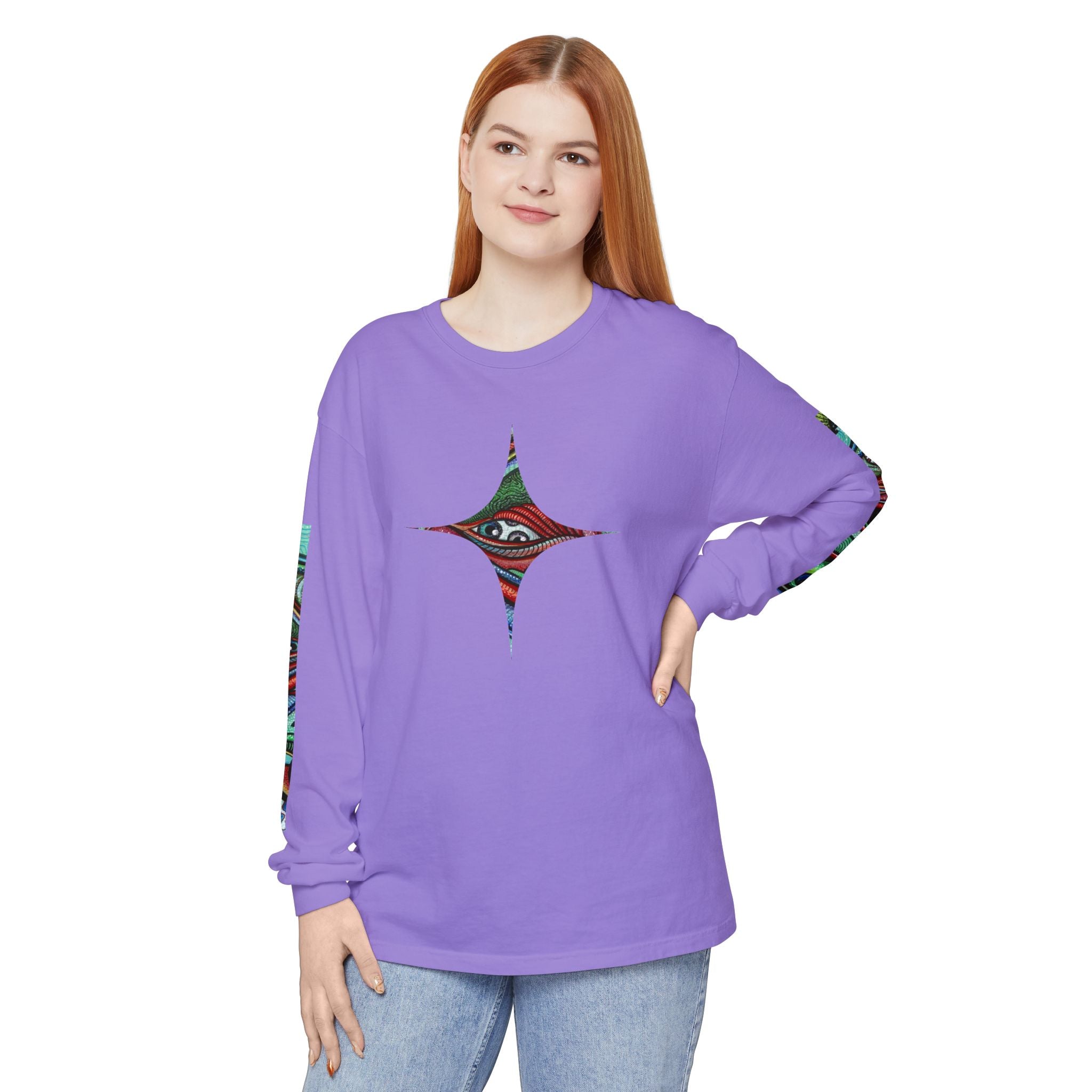 Psychedelic Starburst Long Sleeve Tee — Colorful Eye & Sleeve Stripe Design #k976344