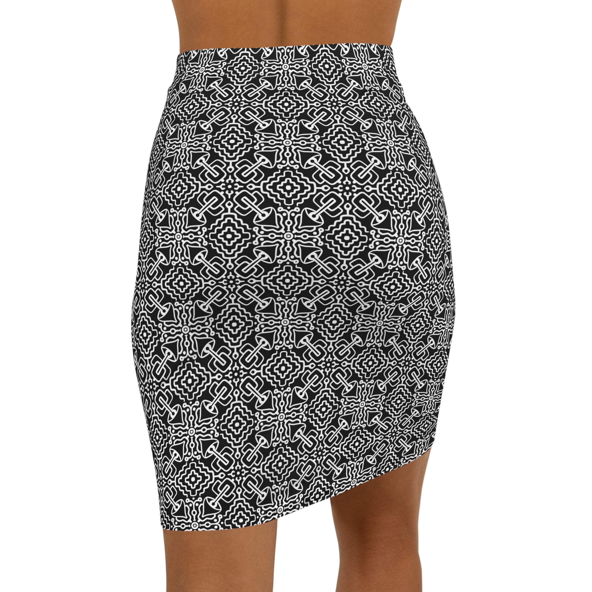 Black & White Geometric Pencil Skirt — Mid‑Waist AOP #h97658
