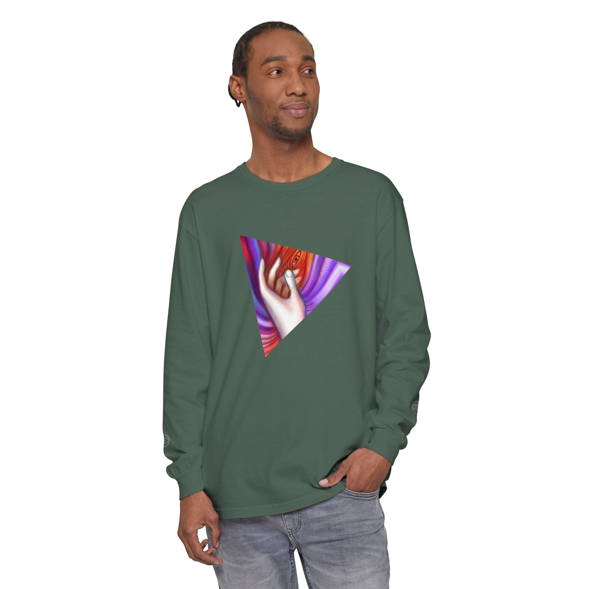 Long Sleeve T-Shirt — Triangular Hand Art Graphic (White) #sh26774