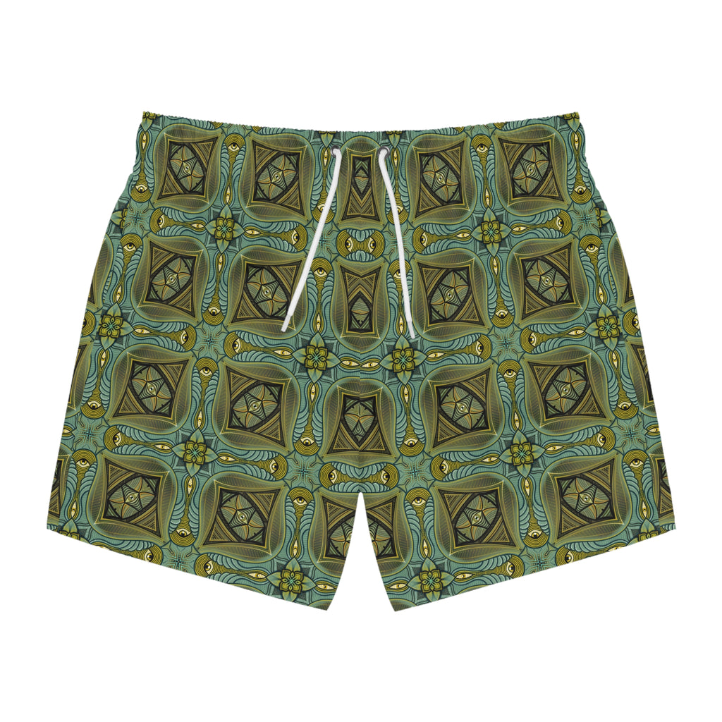 Geometric Teal Mosaic Swim Trunks — Vintage Tile Pattern Beach Shorts #x000043