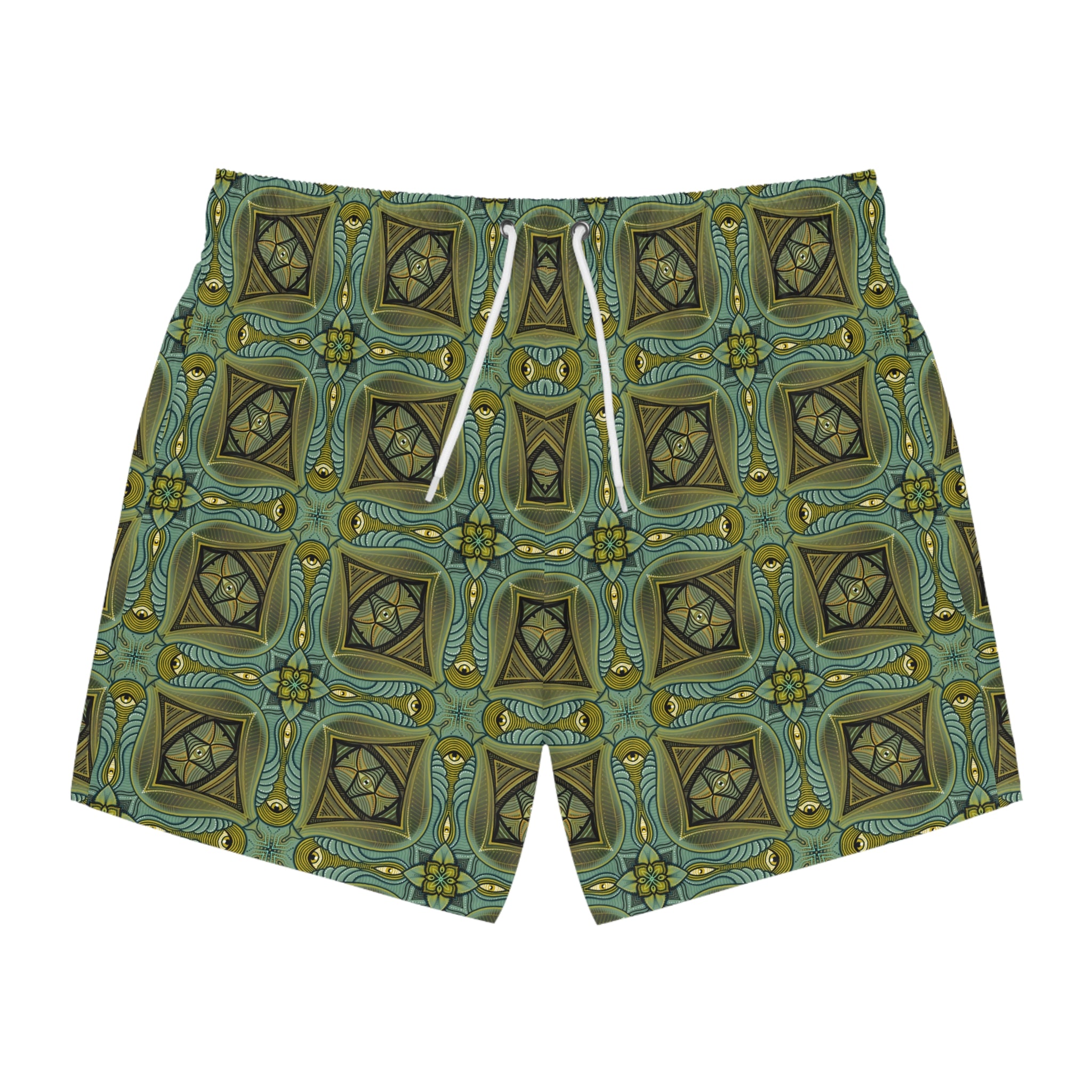 Geometric Teal Mosaic Swim Trunks — Vintage Tile Pattern Beach Shorts #x000043