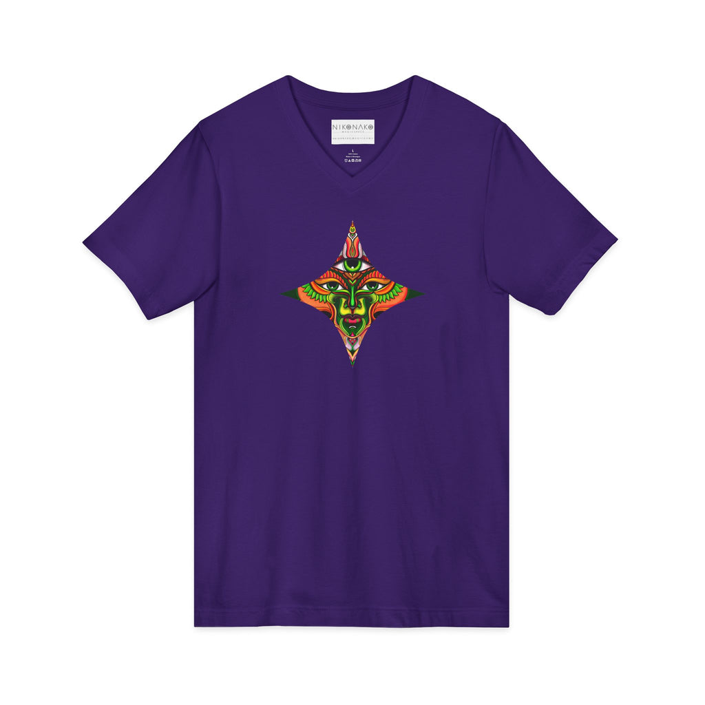 Tribal Mask Diamond Tee — Vibrant Ethnic Face Graphic V‑Neck T‑Shirt #hg 08656