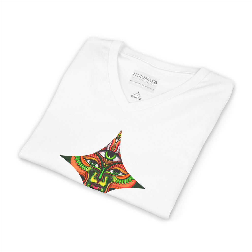 Tribal Mask Diamond Tee — Vibrant Ethnic Face Graphic V‑Neck T‑Shirt #hg 08656