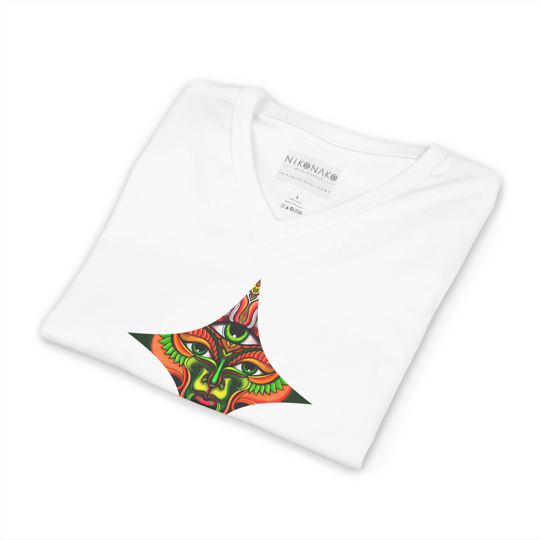 Tribal Mask Diamond Tee — Vibrant Ethnic Face Graphic V‑Neck T‑Shirt #hg 08656