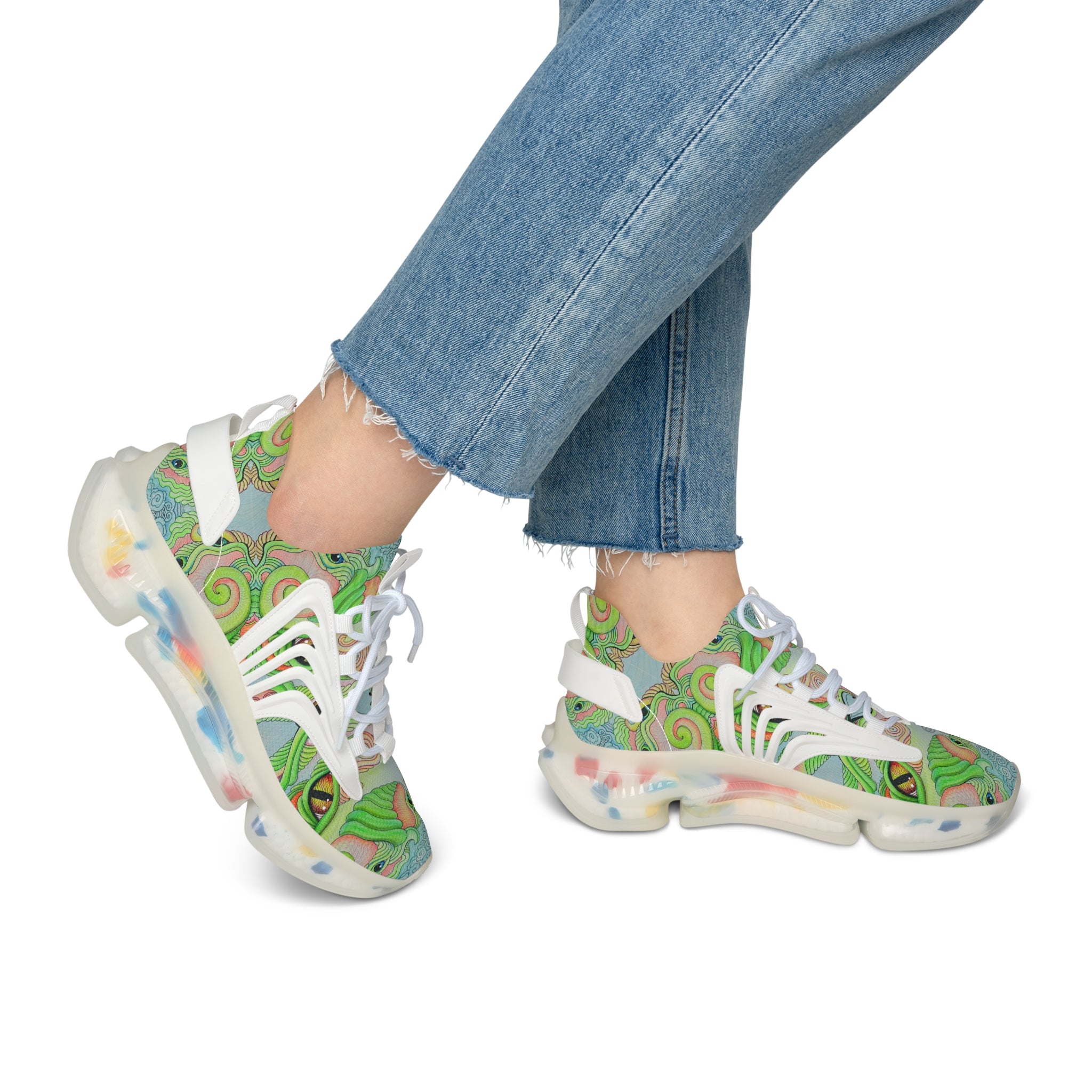 Women’s Mesh Sneakers — Psychedelic Green Swirl Pattern Athletic Shoes #gf7752
