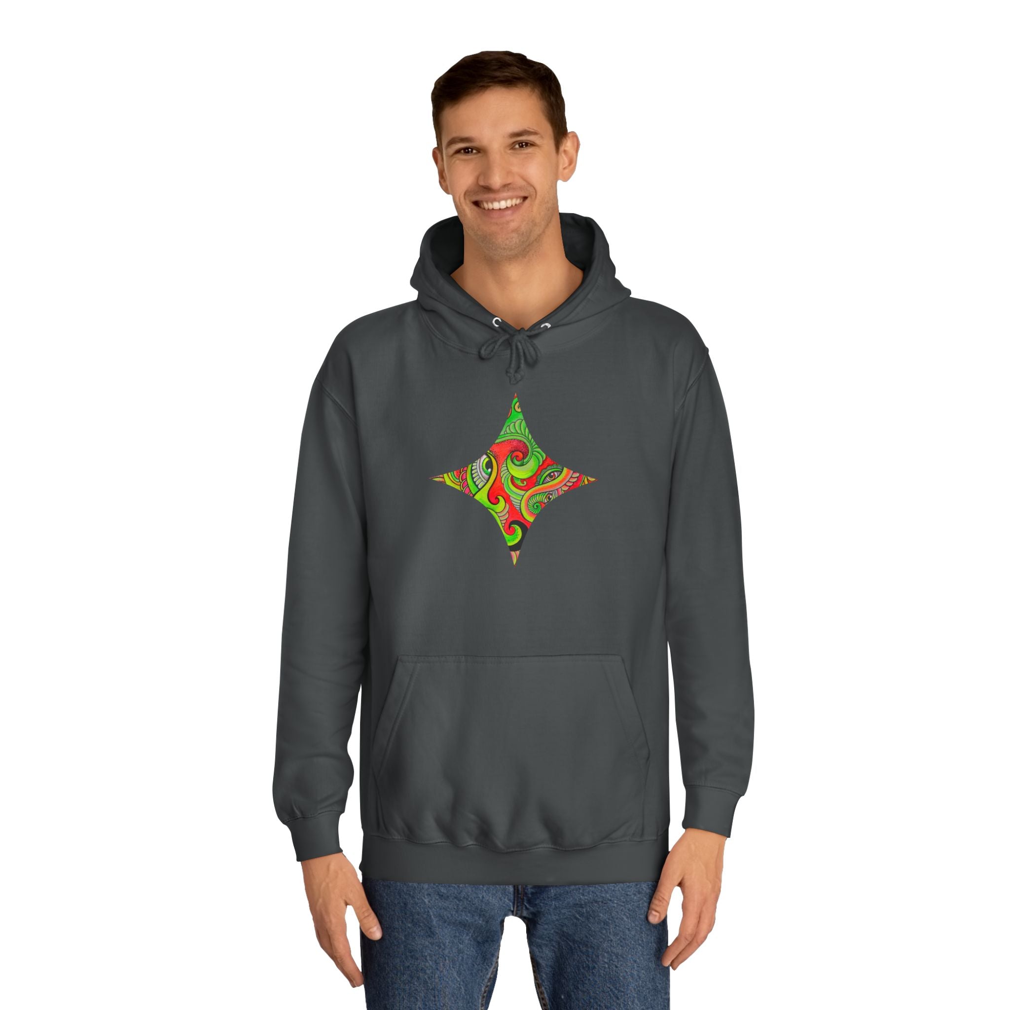 Psychedelic Swirl Hoodie — Retro Green & Red Abstract Graphic #f987456