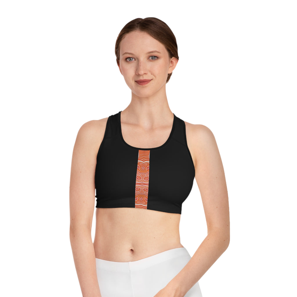 Women's Black Sports Bra with Vertical Orange Tribal Stripe — Athletic Crop Top #g000647