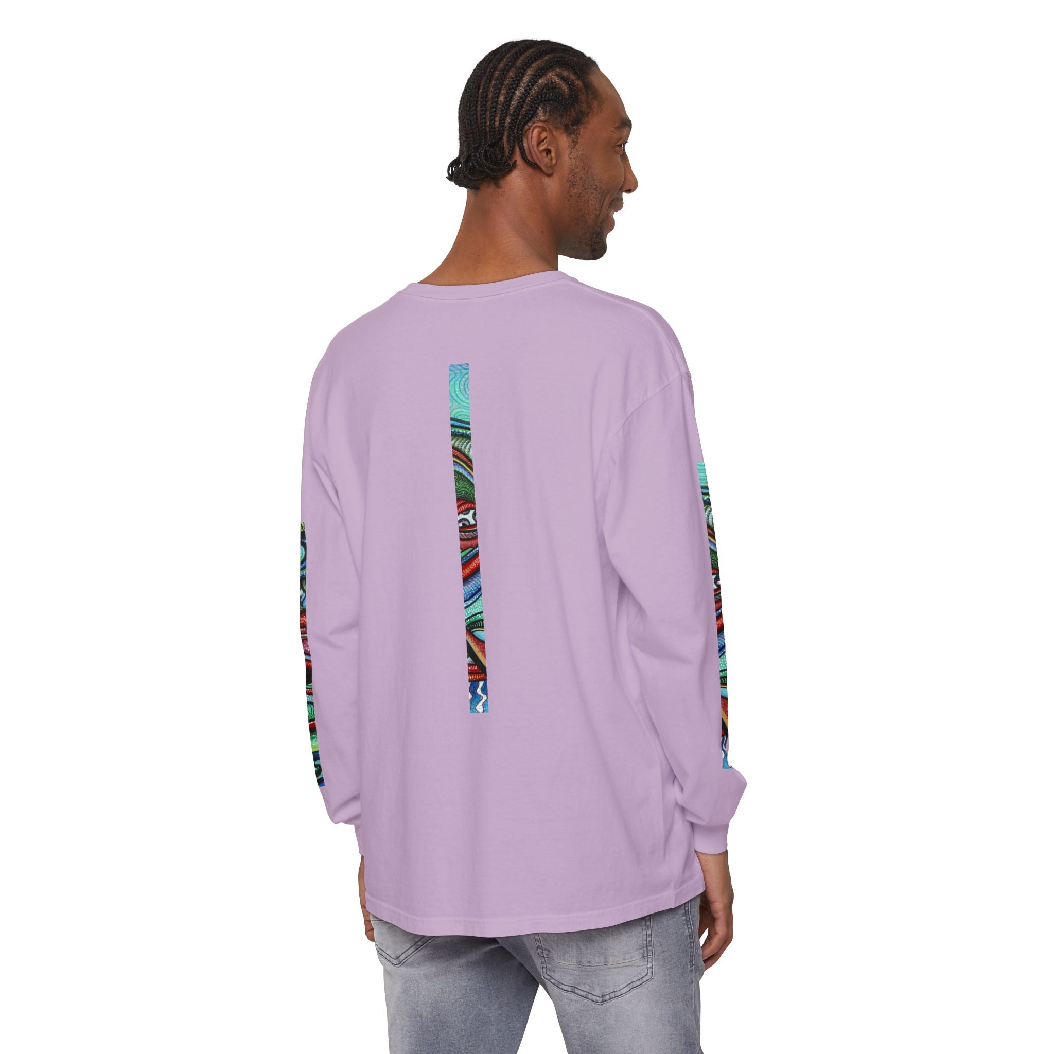 Psychedelic Starburst Long Sleeve Tee — Colorful Eye & Sleeve Stripe Design #k976344