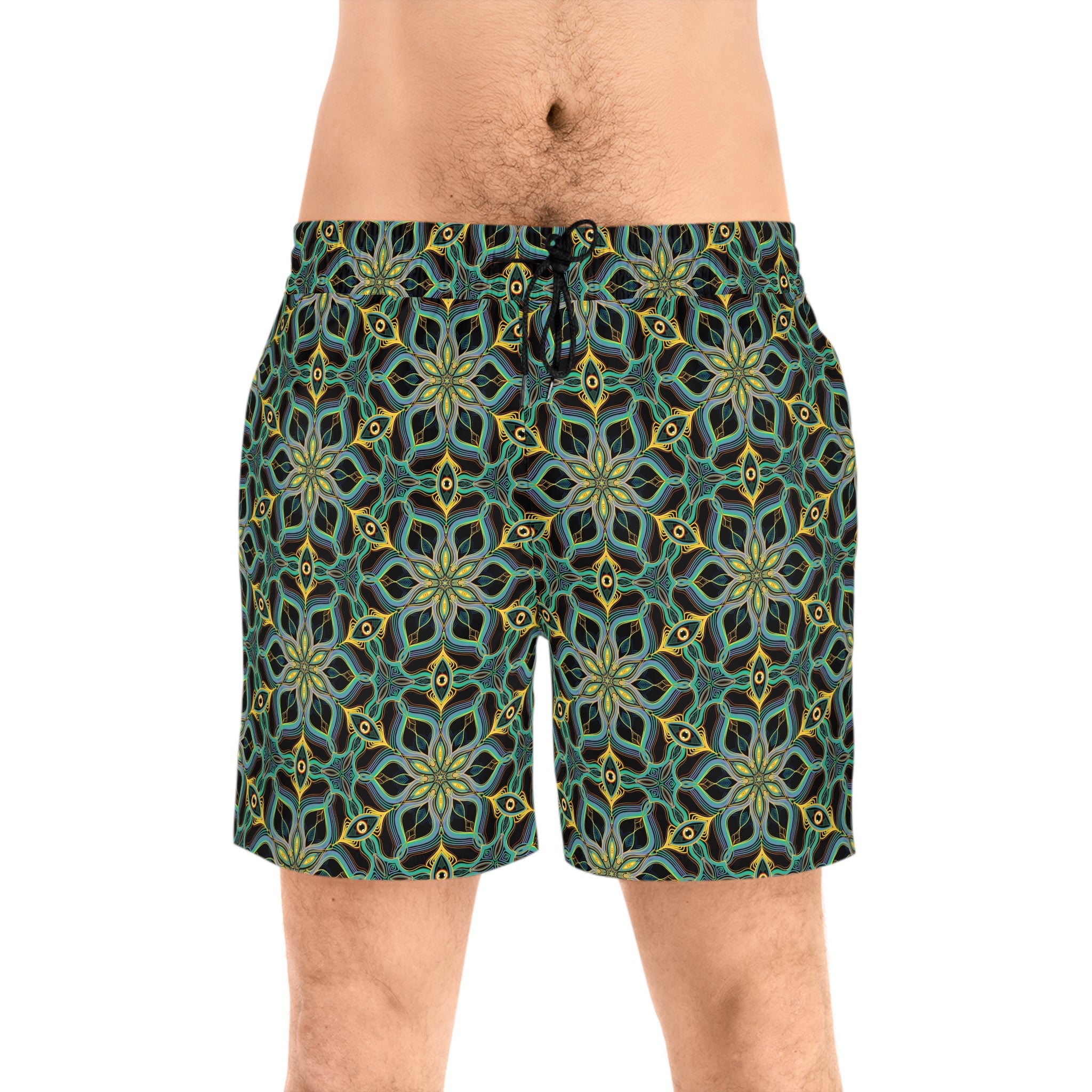Men's Mid-Length Swim Shorts — Green Geometric Floral All-Over Print #jgd652245