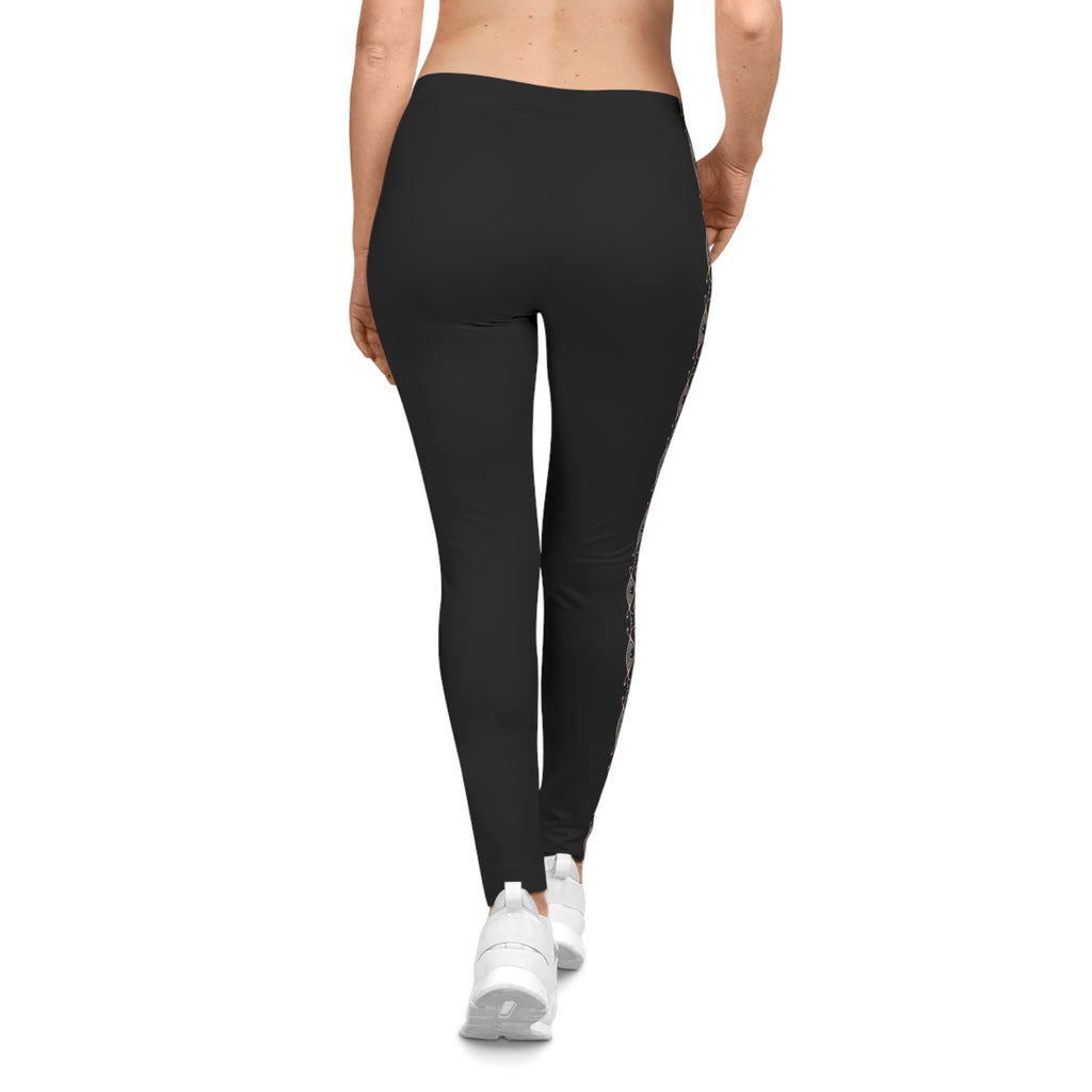 Black Side-Stripe Leggings with Subtle Floral Trim — Women's Casual Activewear #w457990