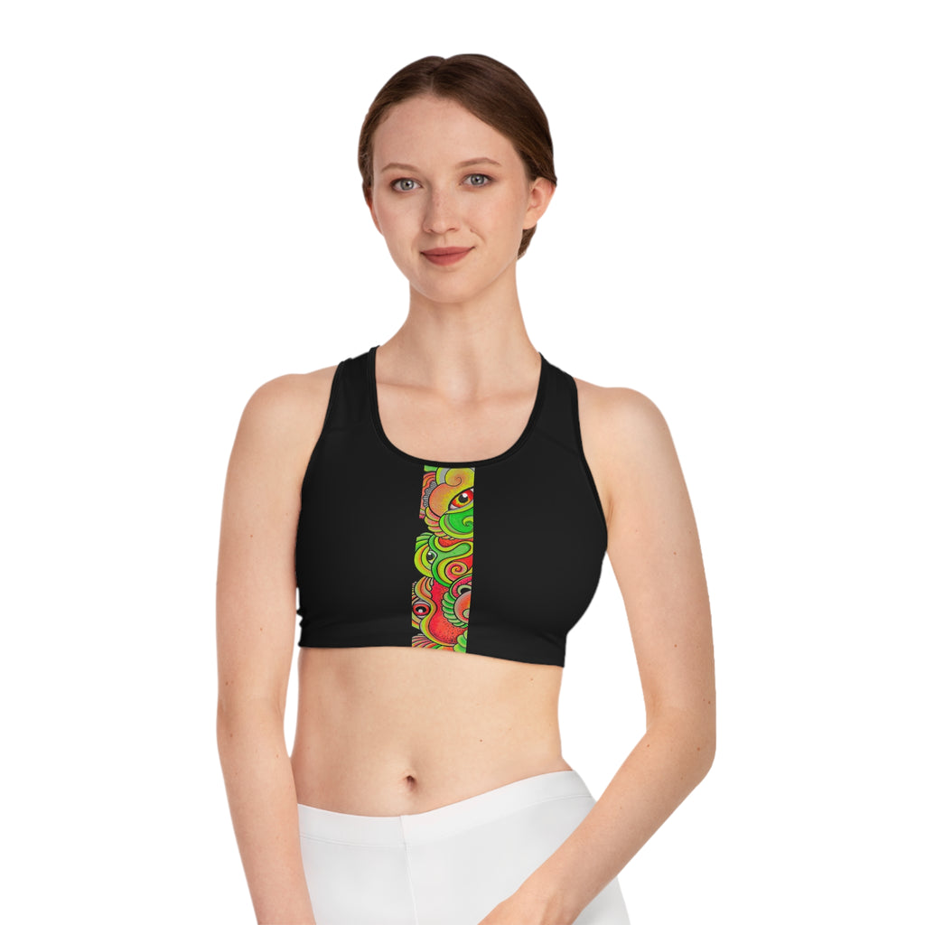Black Sports Bra with Colorful Psychedelic Vertical Stripe — Vibrant Abstract Eye Design #f234488
