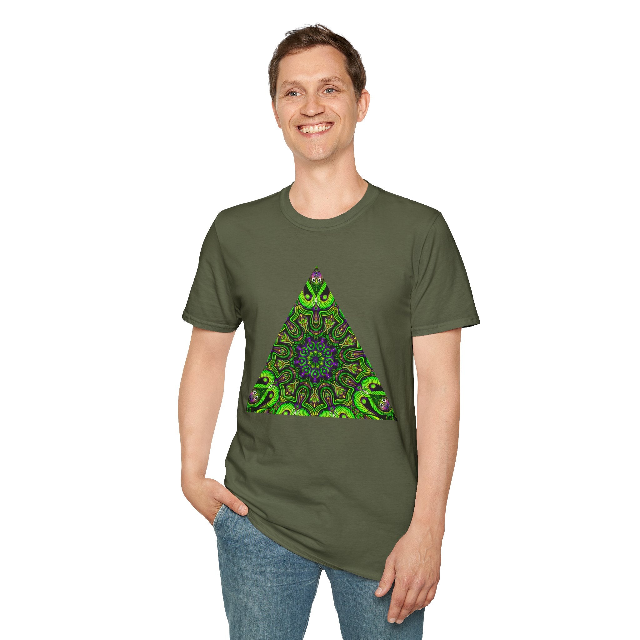 Green Mandala Triangle T-Shirt – Psychedelic Geometric Art Tee # kh9732