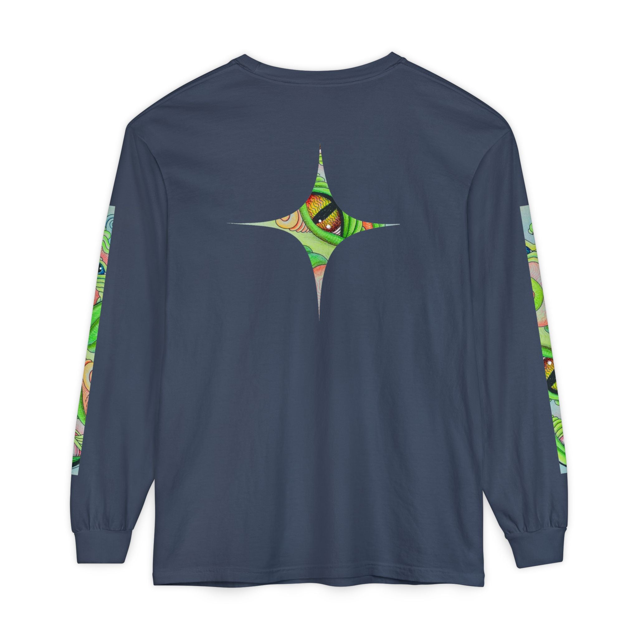 Psychedelic Green Triangle Long Sleeve Tee — Tribal Star Sleeve Artwork #gf086357