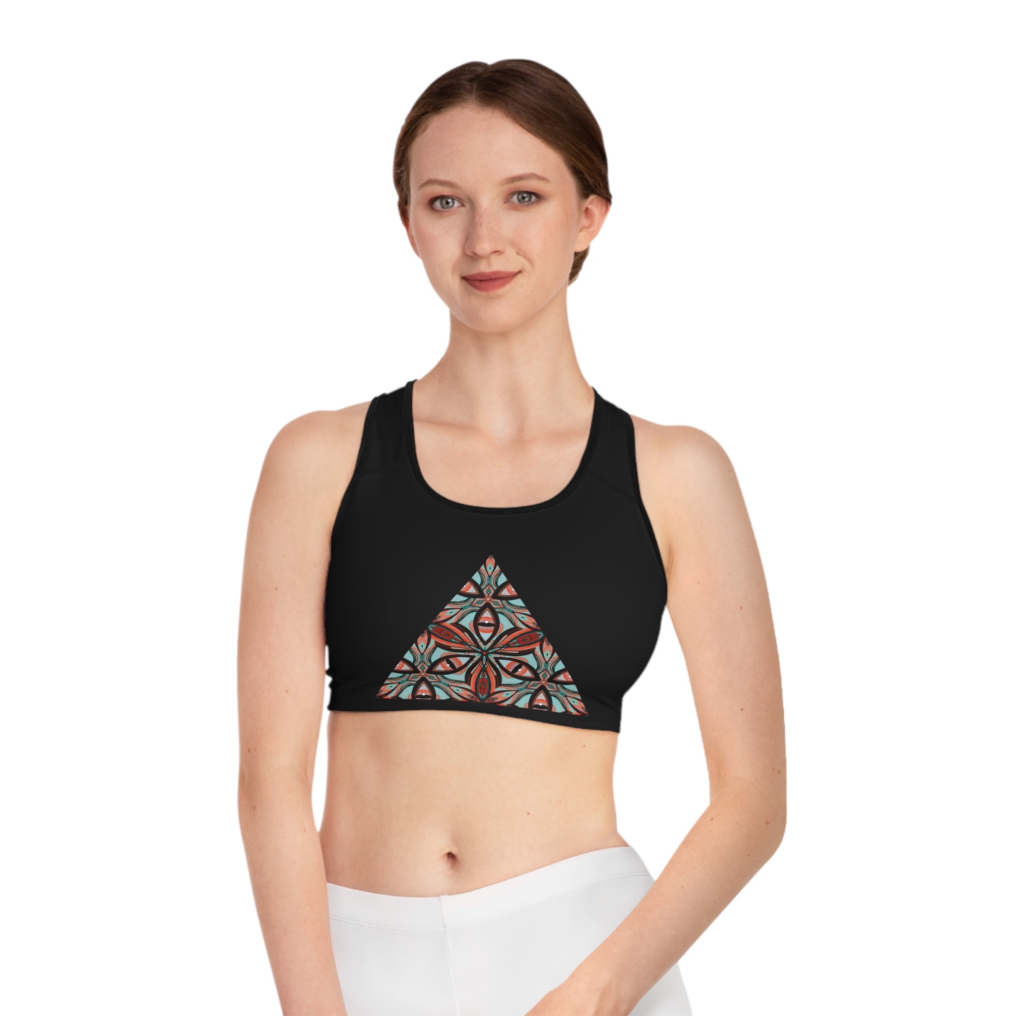 Geometric Tribal Triangle Sports Bra — Black AOP Activewear