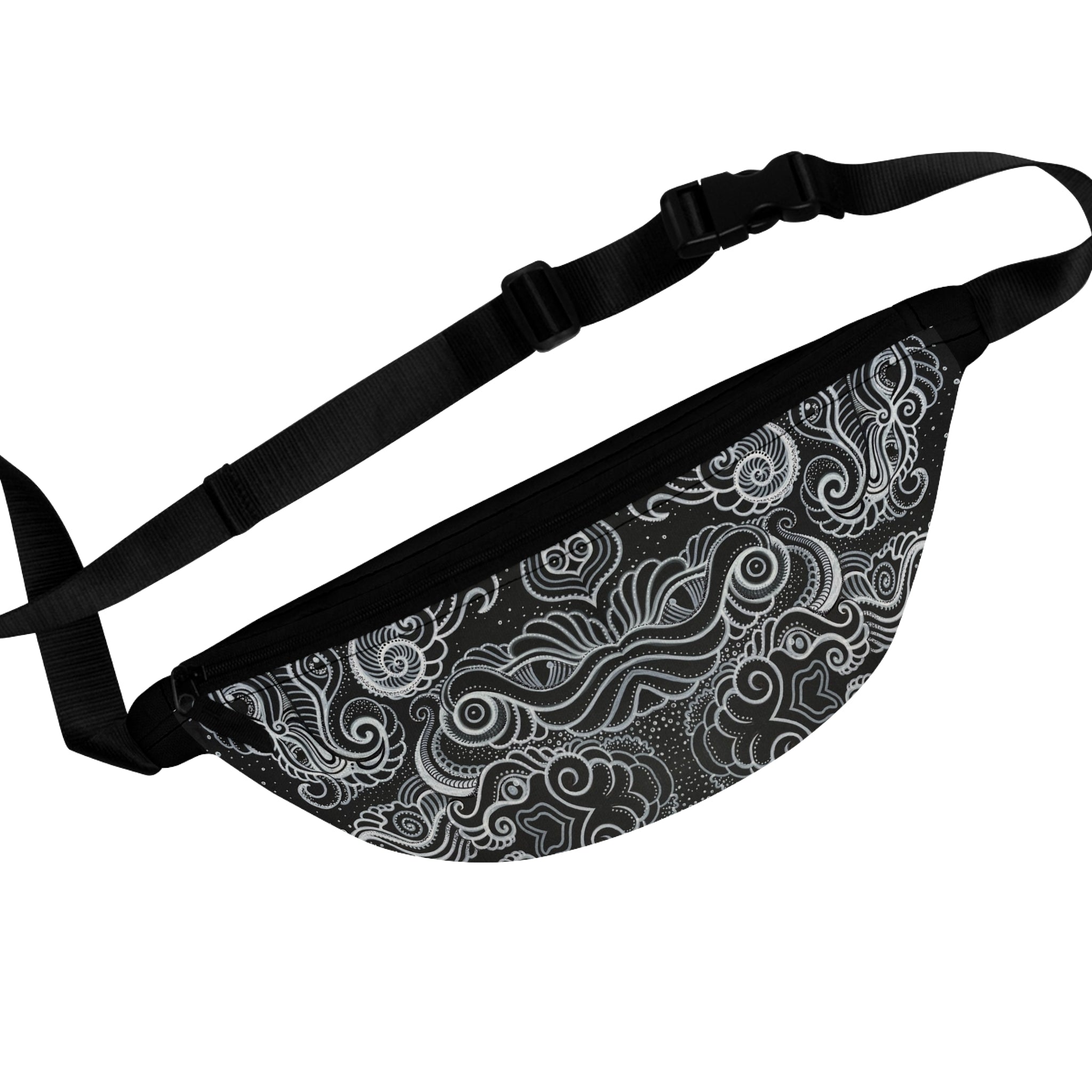 Paisley Swirl Fanny Pack — Black & Grey Boho Waist Bag #fpg345