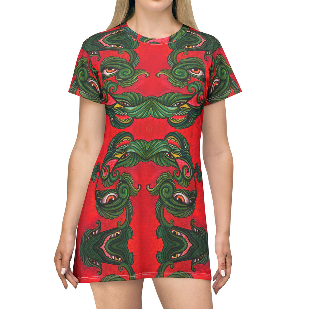 Green & Red Ornate Face Pattern T‑Shirt Dress — Abstract Baroque AOP #y4422288
