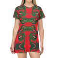 Green & Red Ornate Face Pattern T‑Shirt Dress — Abstract Baroque AOP #y4422288