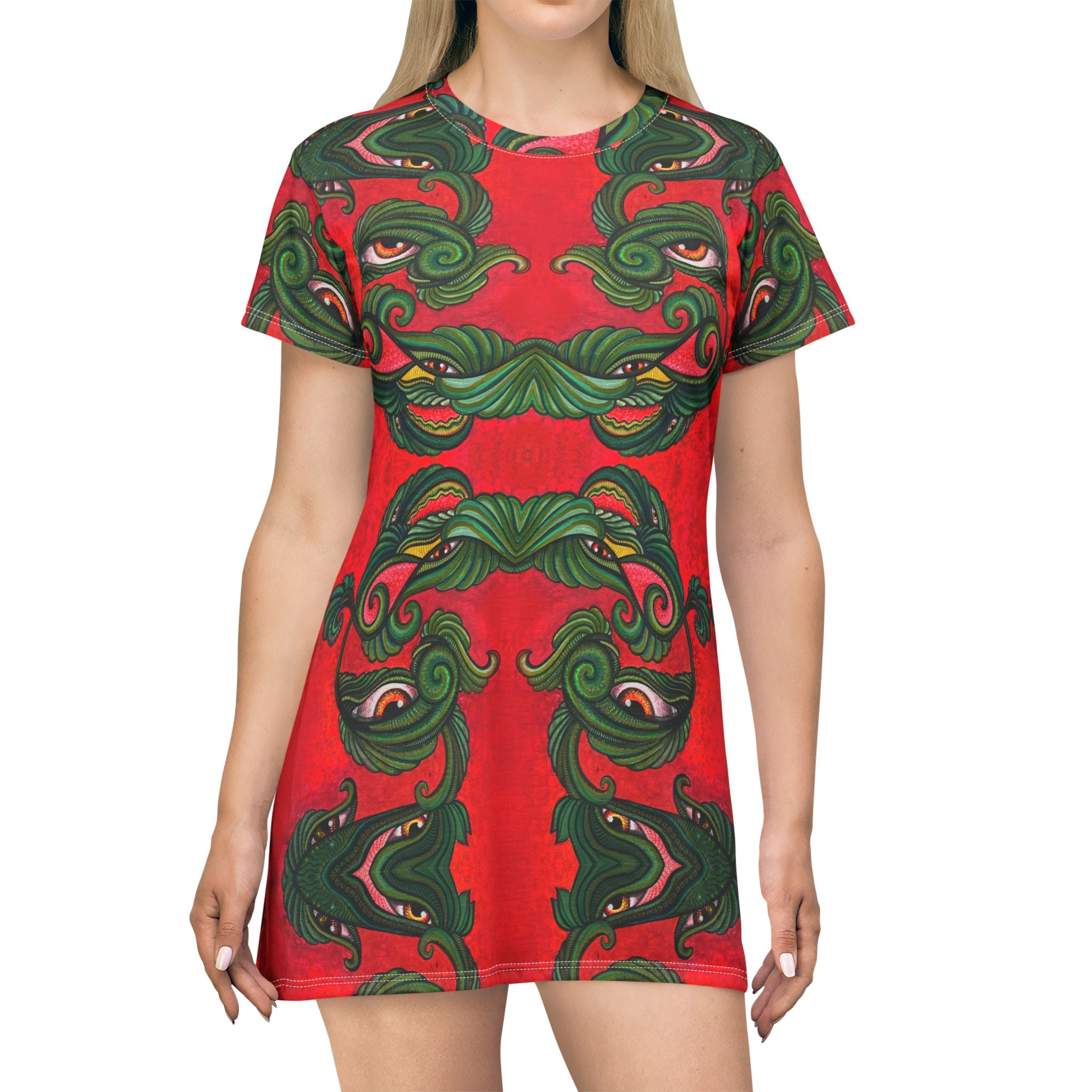 Green & Red Ornate Face Pattern T‑Shirt Dress — Abstract Baroque AOP #y4422288
