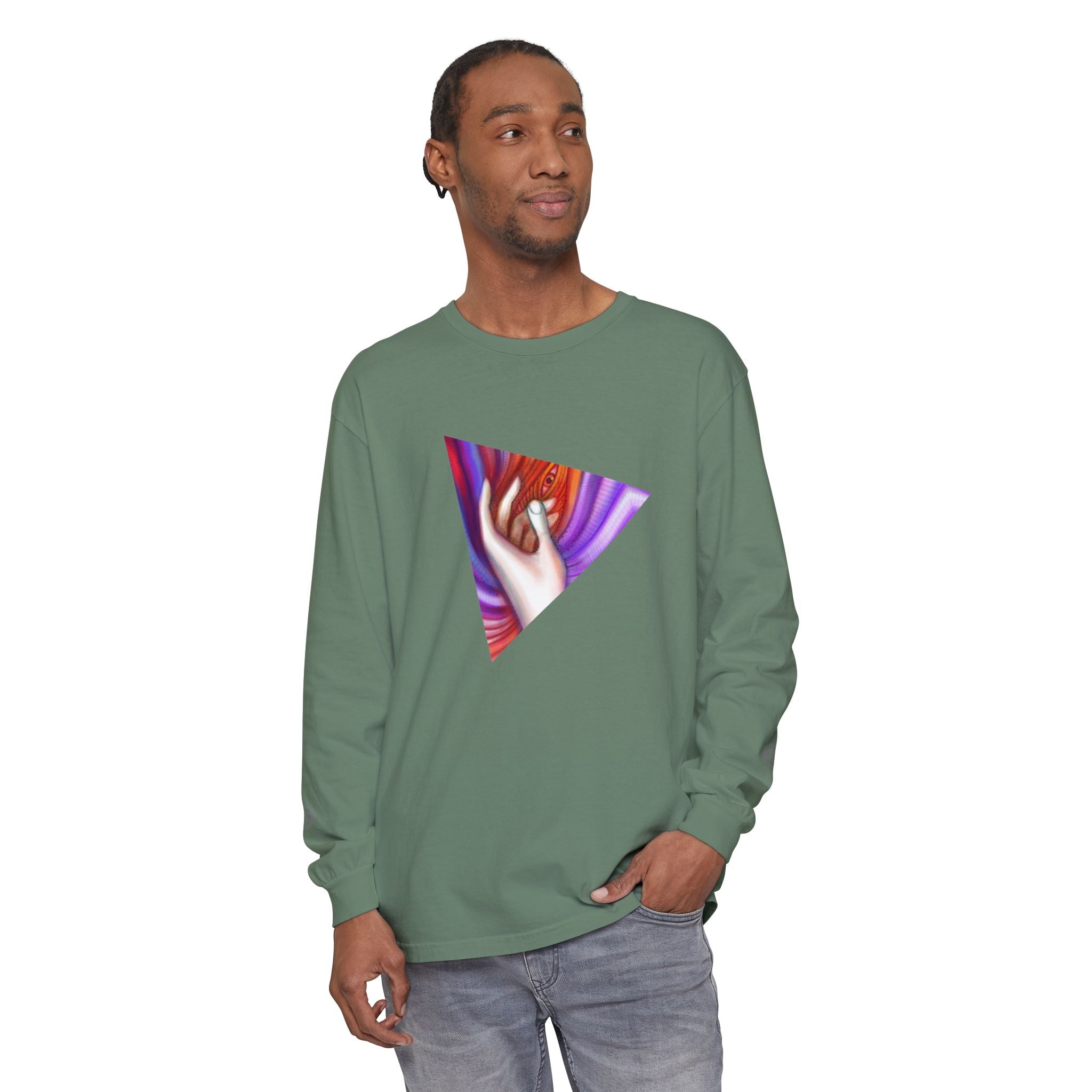 Long Sleeve T-Shirt — Triangular Hand Art Graphic (White) #sh26774