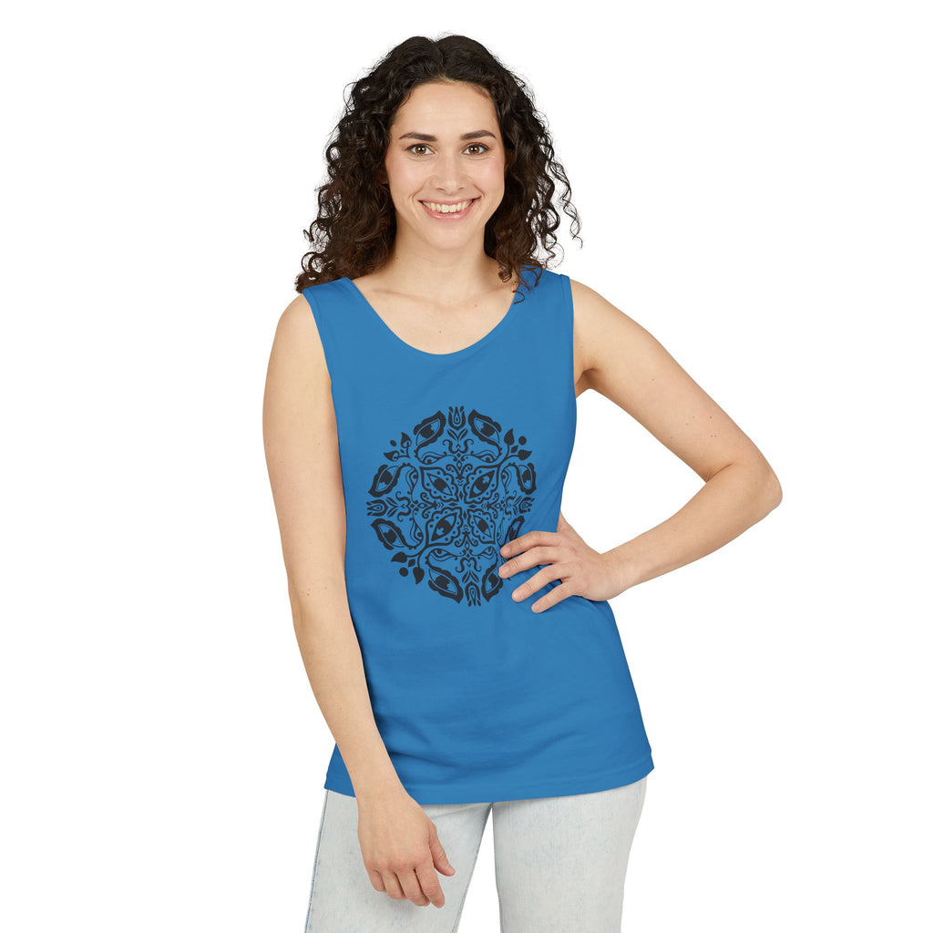 Boho Mandala Tank Top — Black Floral Circular Graphic Tank #fr3