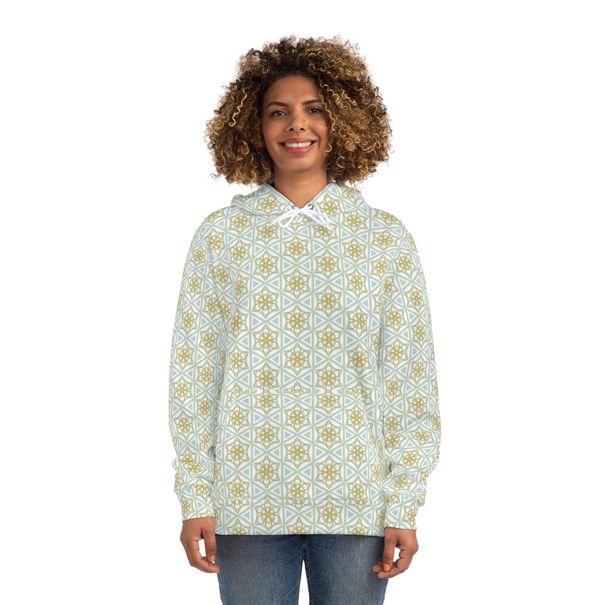 Geometric Star Pattern Hoodie — Gold & Mint All-Over Print #u356782