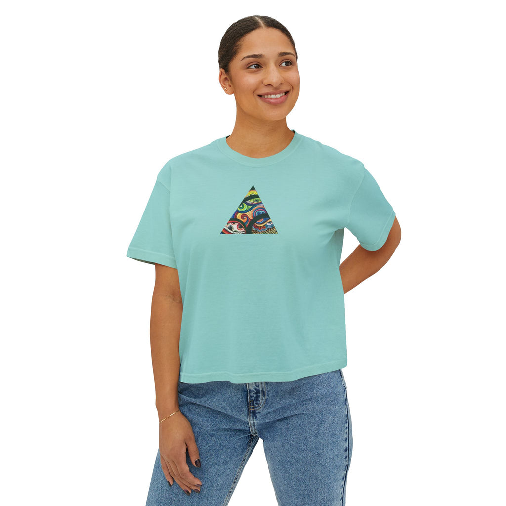 Women's Boxy Tee with Abstract Colorful Triangle (Front) & Heart (Back) Art — Casual Graphic Crop Top #hd9859