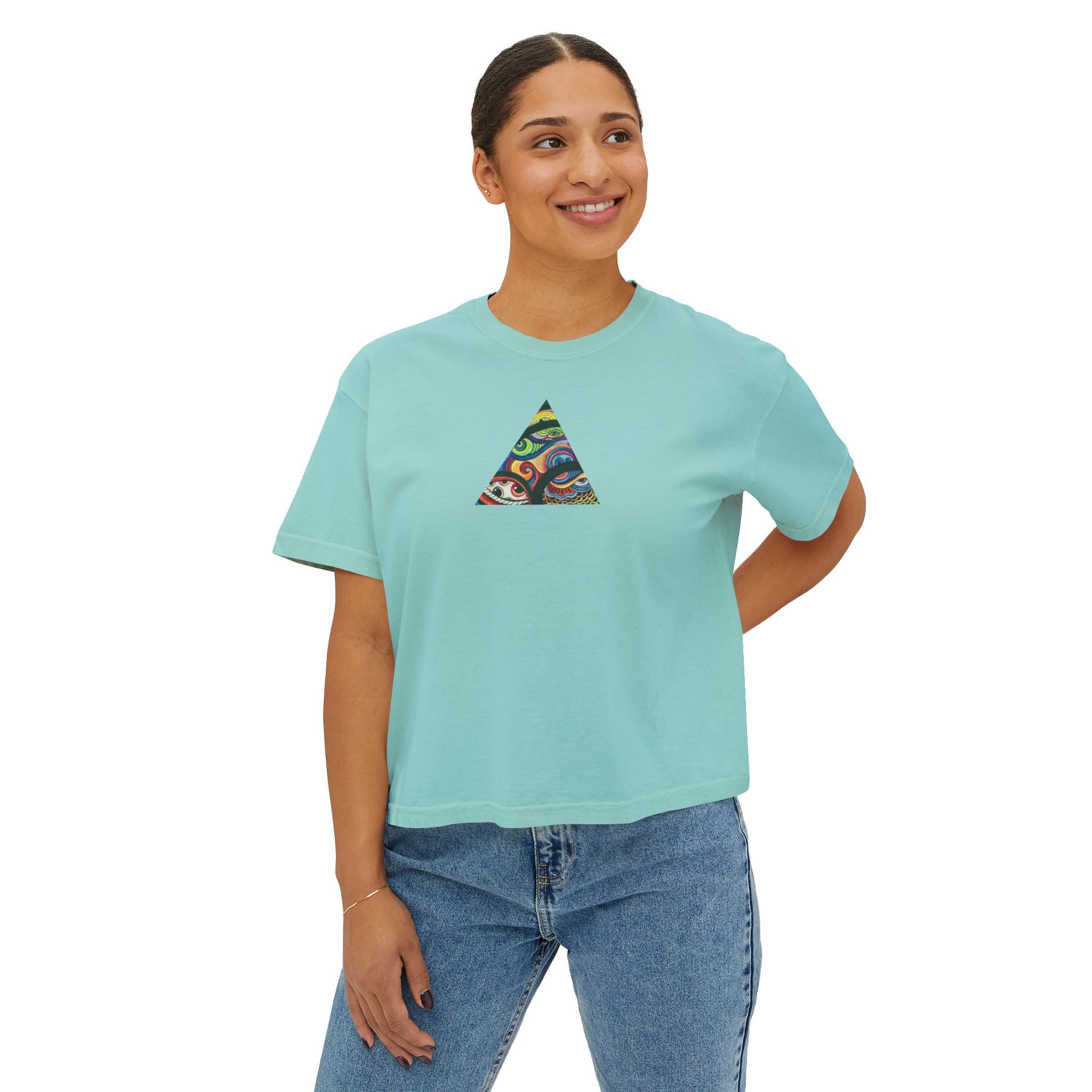Women's Boxy Tee with Abstract Colorful Triangle (Front) & Heart (Back) Art — Casual Graphic Crop Top #hd9859
