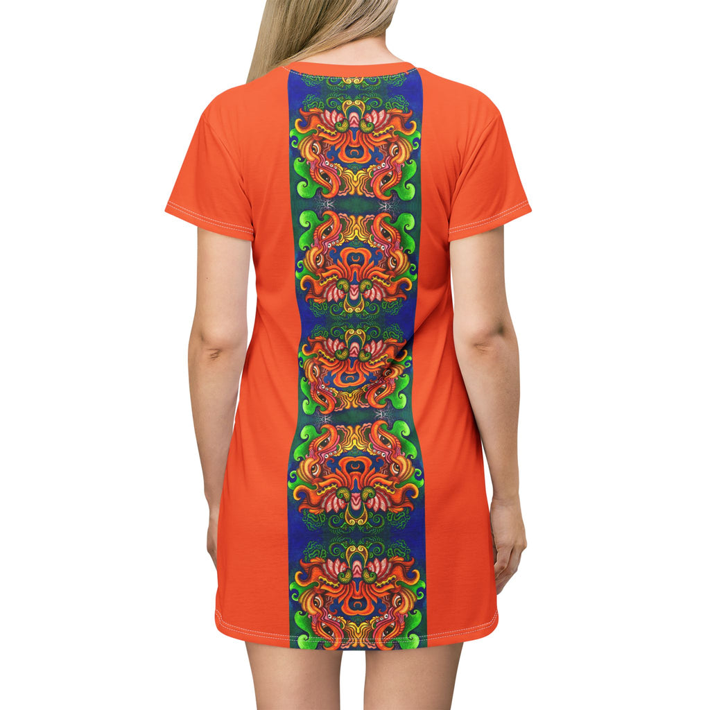 Boho Floral Face Motif T-Shirt Dress — Vertical Tribal-Inspired Print #d2