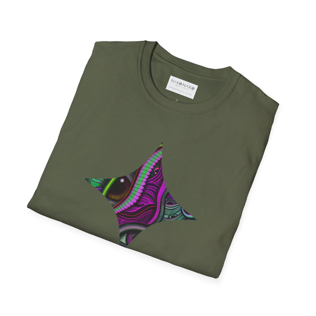 Psychedelic Eye Graphic T-Shirt — Abstract Purple & Green Starburst Circle Design. #ts6
