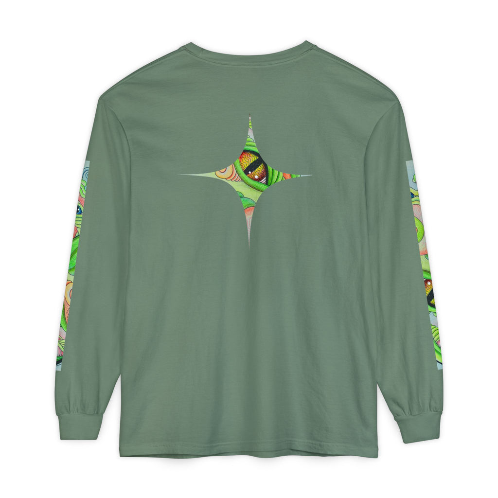 Psychedelic Green Triangle Long Sleeve Tee — Tribal Star Sleeve Artwork #gf086357