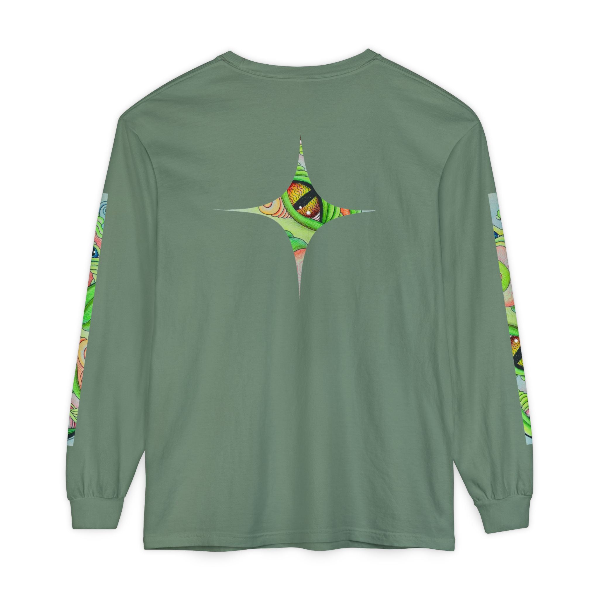 Psychedelic Green Triangle Long Sleeve Tee — Tribal Star Sleeve Artwork #gf086357