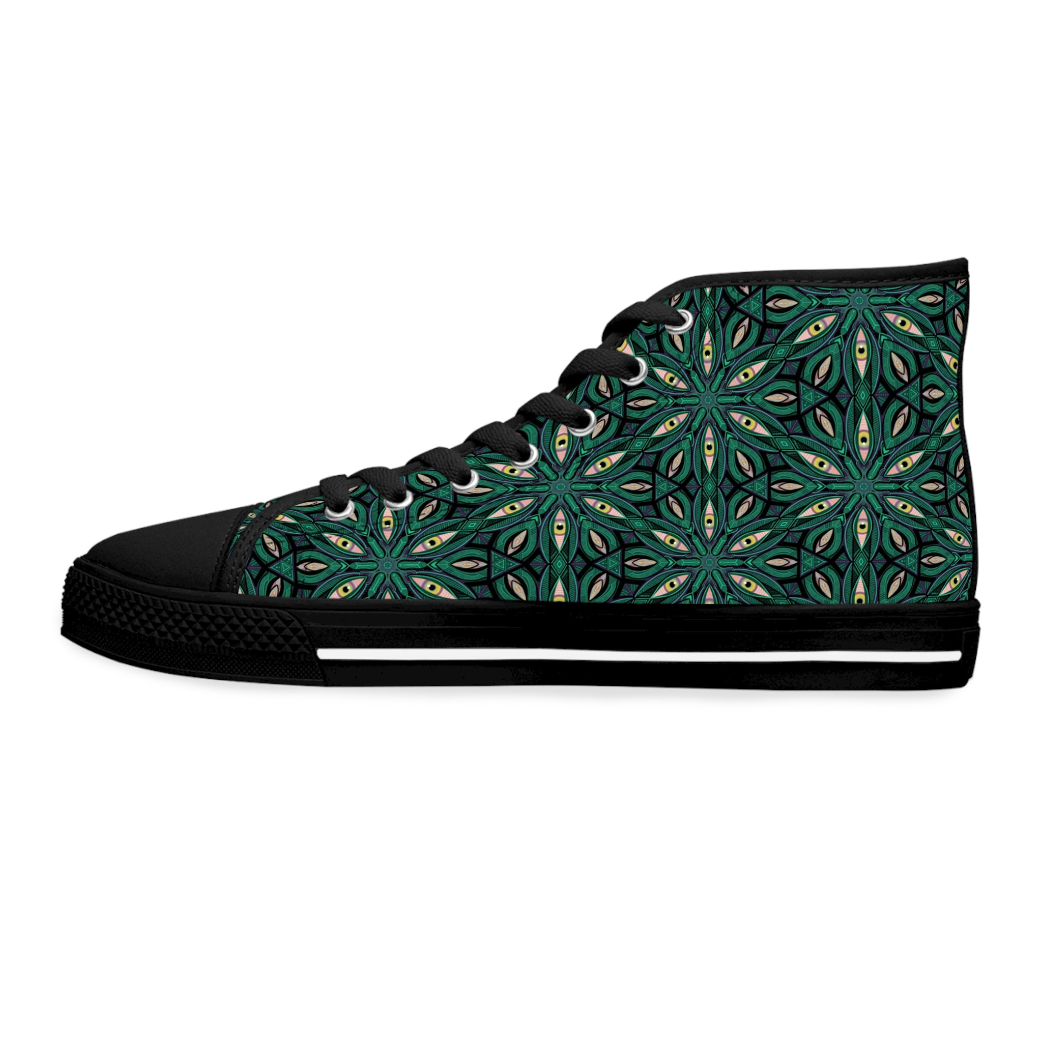 Green Floral Kaleidoscope High Top Sneakers — Women's Patterned Canvas Shoes #jfs8843