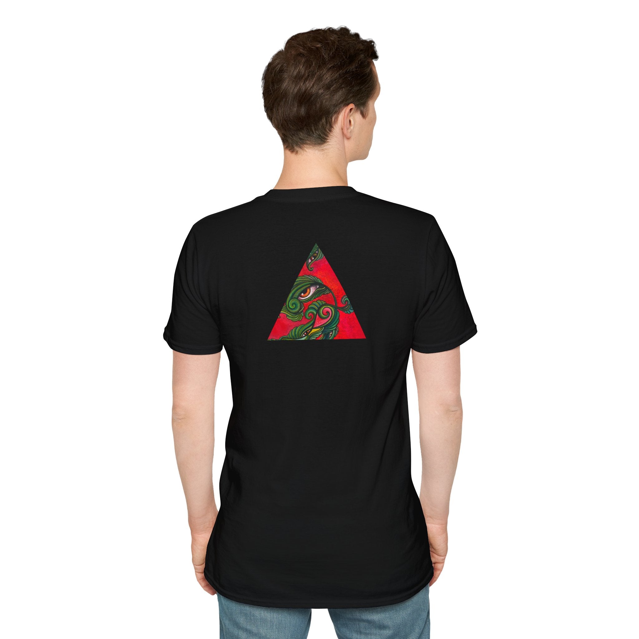 Geometric Tribal Eye Tee — Abstract Red & Green Triangle Graphic T-Shirt #sx432177