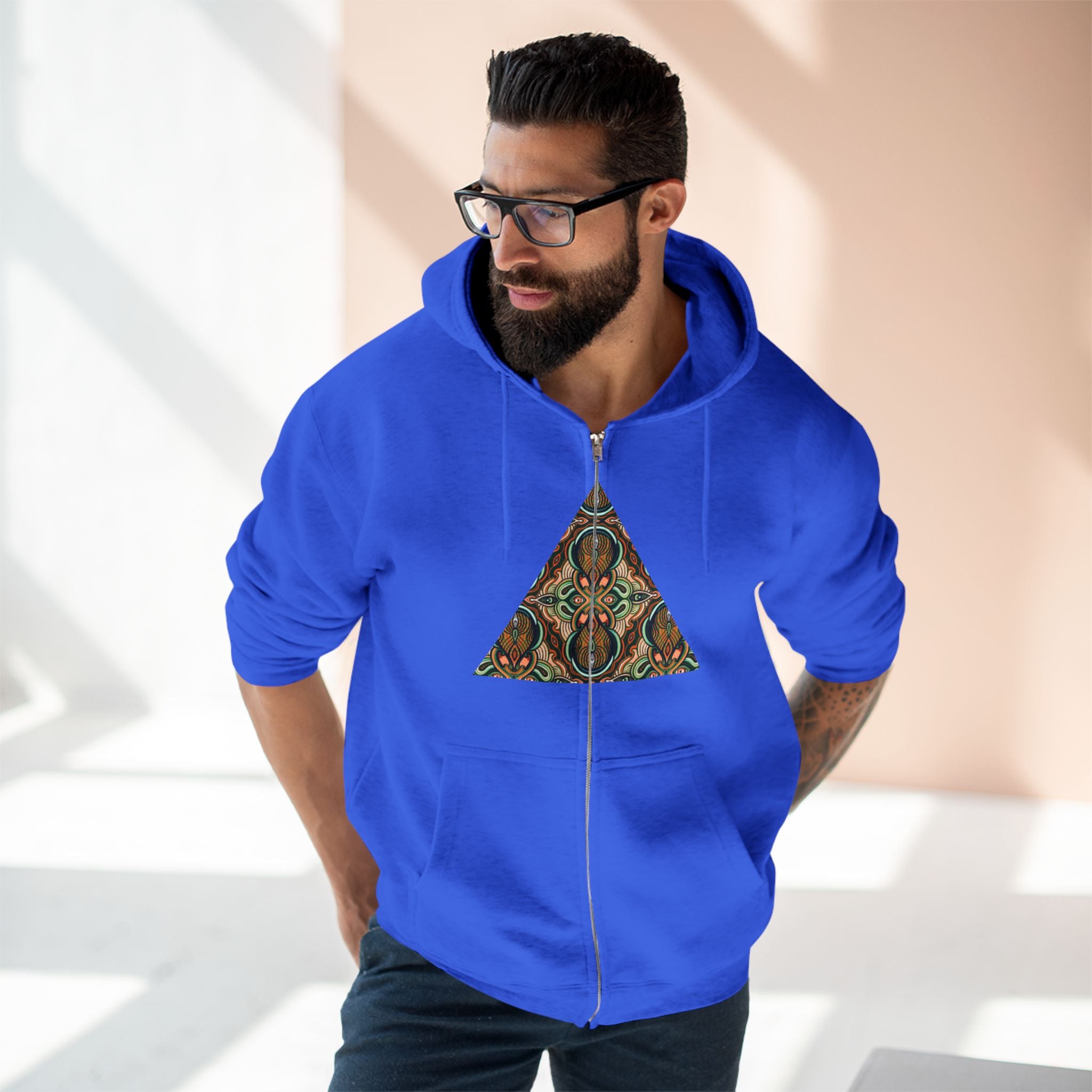 Geometric Tribal Pattern Zip Hoodie — Earthy Mandala Triangle & Circle Design #zh137