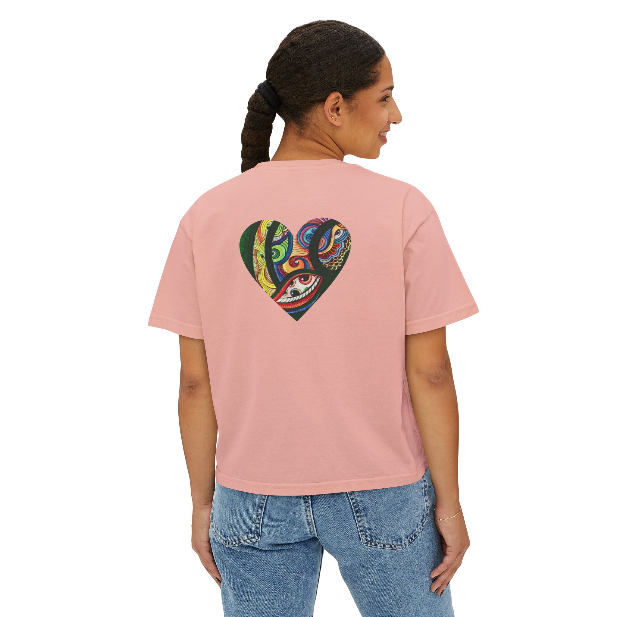 Women's Boxy Tee with Abstract Colorful Triangle (Front) & Heart (Back) Art — Casual Graphic Crop Top #hd9859