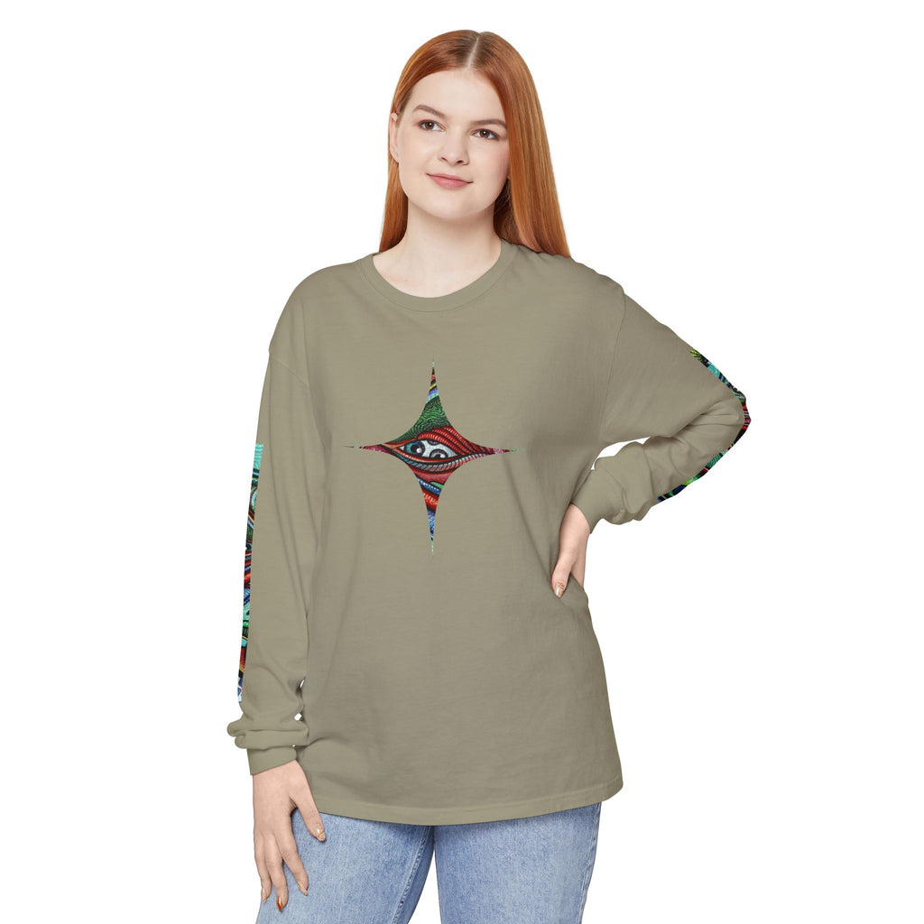 Psychedelic Starburst Long Sleeve Tee — Colorful Eye & Sleeve Stripe Design #k976344