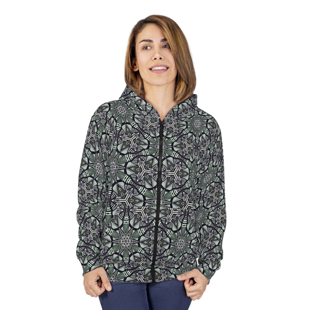 Kaleidoscope Geo Zip Hoodie — Green Black All-Over Print #f087497