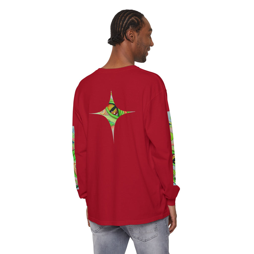 Psychedelic Green Triangle Long Sleeve Tee — Tribal Star Sleeve Artwork #gf086357