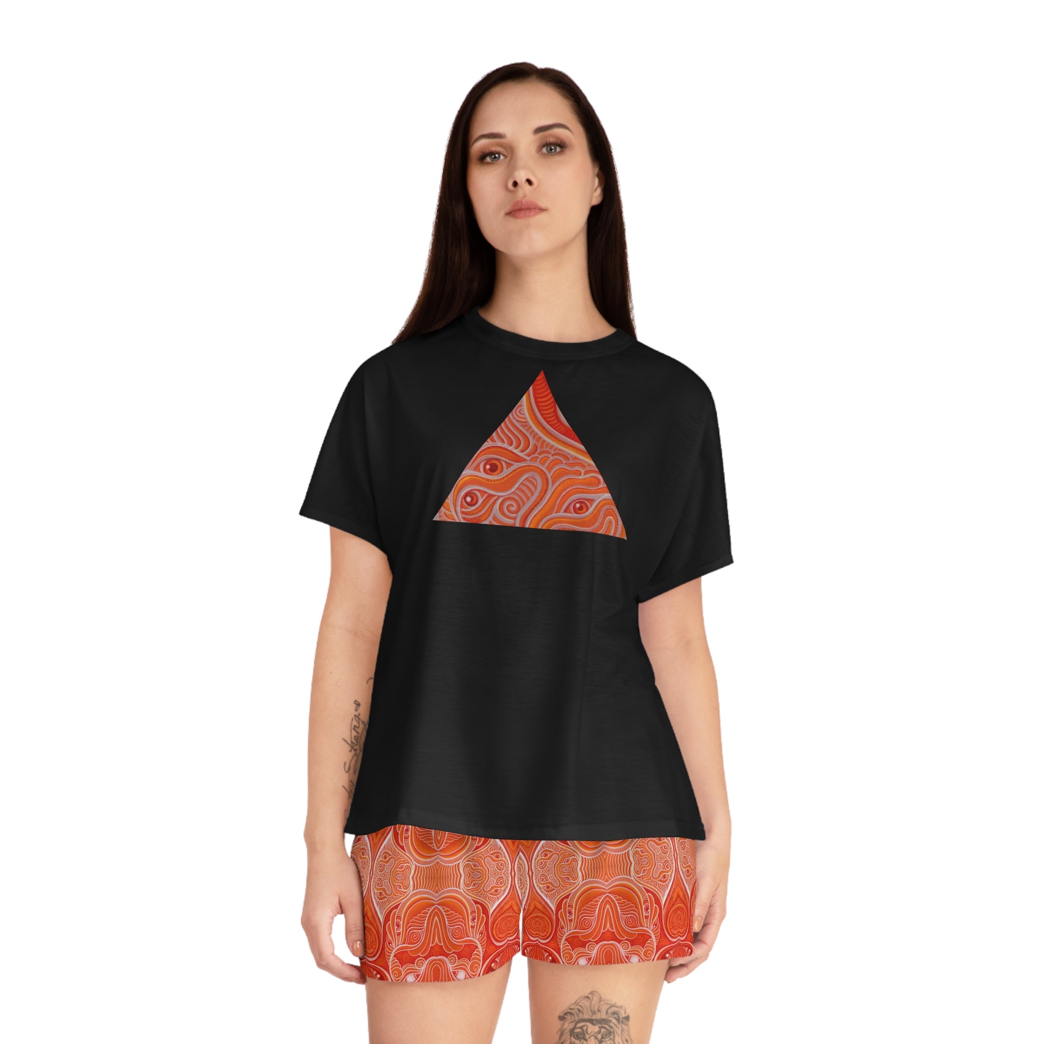 Women's Geometric Triangle Pajama Set — Orange Kaleidoscope Sleep Shorts & Tee #y77428