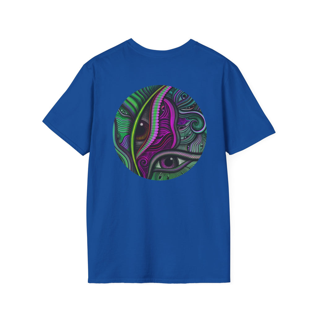 Psychedelic Eye Graphic T-Shirt — Abstract Purple & Green Starburst Circle Design. #ts6