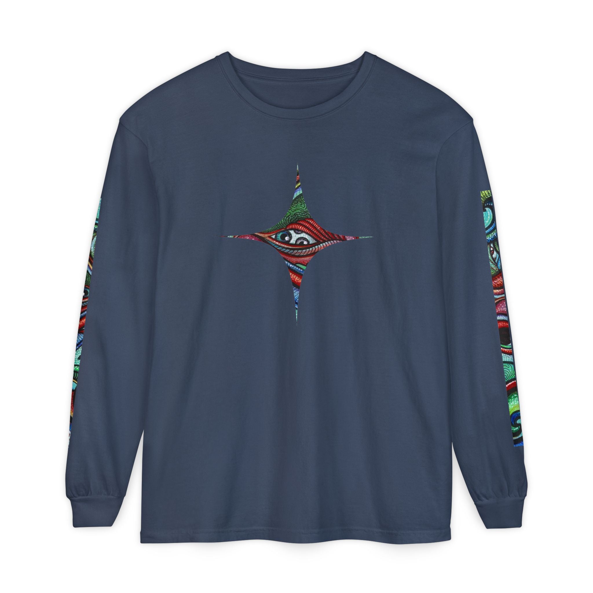 Psychedelic Starburst Long Sleeve Tee — Colorful Eye & Sleeve Stripe Design #k976344